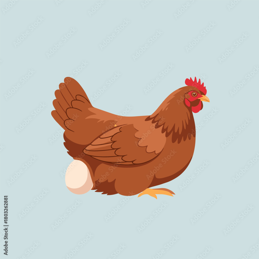 Fototapeta premium Cartoon brown hen laying an egg, isolated on a light blue background.