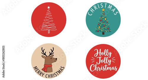 Set of four festive circular Christmas labels featuring decorated trees, a charming reindeer, and holiday greetings, ideal for seasonal gifts and decorations