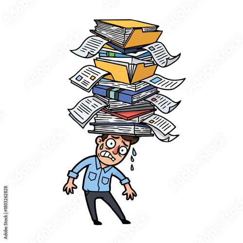 Man overwhelmed by huge stack books and papers on his head