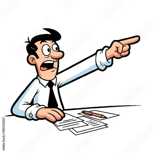 Angry businessman pointing finger, sitting at desk with papers and pen