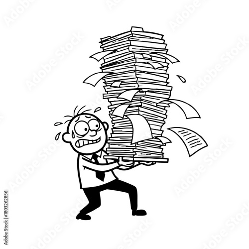 Man struggling to hold very tall stack papers and documents