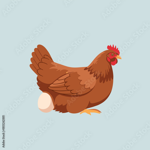 Cartoon brown hen laying an egg, isolated on a light blue background.