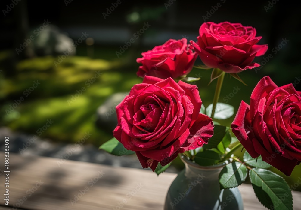 Naklejka premium Velvety deep crimson roses bouquet in a ceramic vase on a sunlit wooden surface.