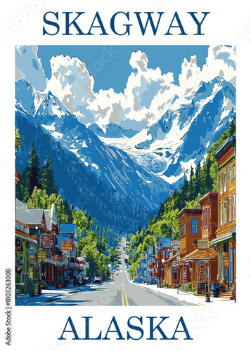 Skagway, Alaska scenic vintage travel poster vector illustration depicting historic downtown buildings against a massive mountain glacier.