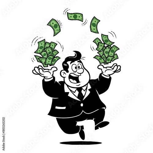 Cartoon businessman in suit joyfully juggles falling green banknotes, representing financial success, wealth, and prosperous economy