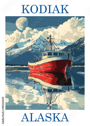 Iconic vector illustration of a red fishing boat docked in Kodiak, Alaska, surrounded by icy water and dramatic snow-covered mountains.