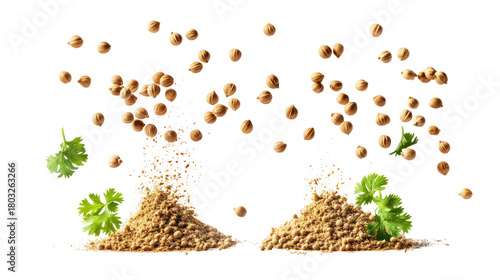 Falling coriander seeds and leaves isolated on transparent background