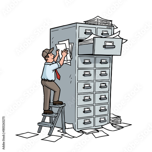 Man on stepladder searches through tall, overflowing filing cabinet filled with documents, representing bureaucracy, paperwork, and information overload