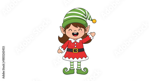 Cute Cartoon Elf Character Waving for Christmas Card or Holiday Graphic