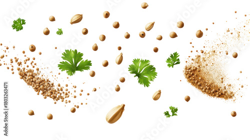Various spices and herbs flying in the air isolated on transparent background