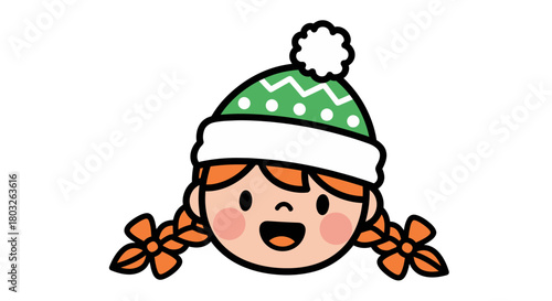 Cheerful Cartoon Girl with Braids Wearing a Winter Hat - Festive Holiday Illustration