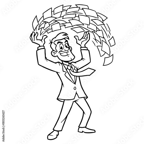 Man joyfully throwing papers into the air, celebrating success or breakthrough