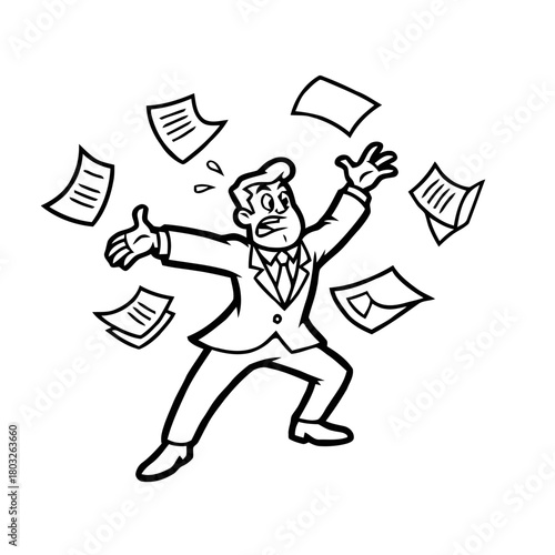 Stressed businessman with papers flying around