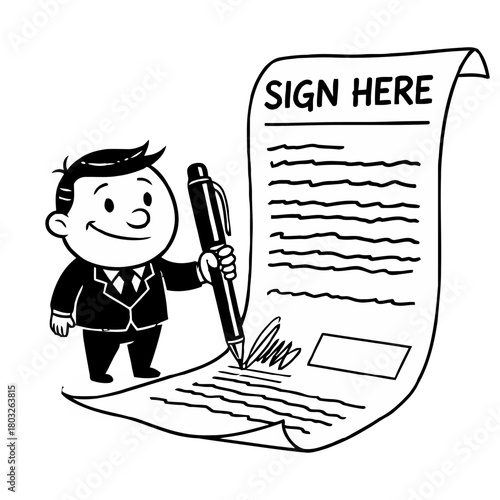 Cheerful cartoon businessman in suit holding large pen and signing document labeled sign here with big signature