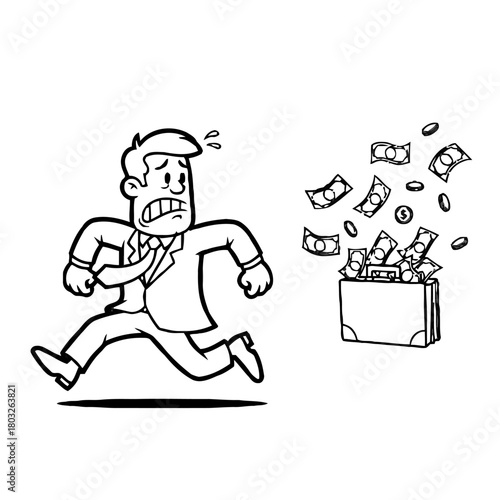 Worried businessman running away from an overflowing briefcase full money