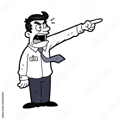 An angry cartoon businessman in shirt and tie pointing aggressively to the side with an intense expression and sweat drops