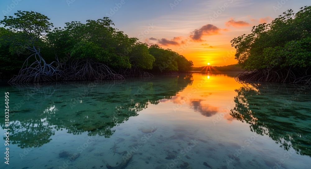 Obraz premium Mangrove trees reflected in calm water at sunset a serene landscape perfect for travel and nature publications