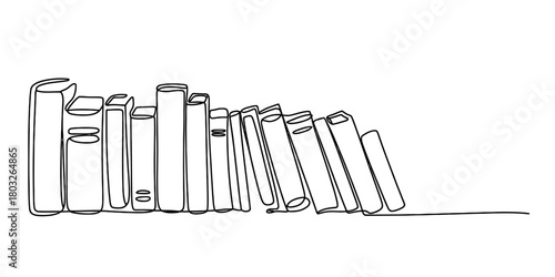 Continuous one line drawing of a diverse collection of books on a shelf, upright and leaning, representing education, knowledge, and literary wisdom.