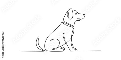 Modern continuous line art illustration of a sitting dog with a collar, simple and elegant vector graphic for pet related projects and designs. 