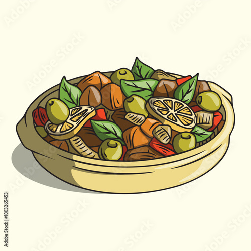 Illustration of Delicious Mediterranean Food Tajine on Earthenware
