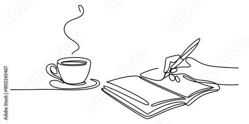 Continuous line drawing of a hand writing in an open notebook beside a steaming hot cup of coffee, symbolizing creativity, work, and focus