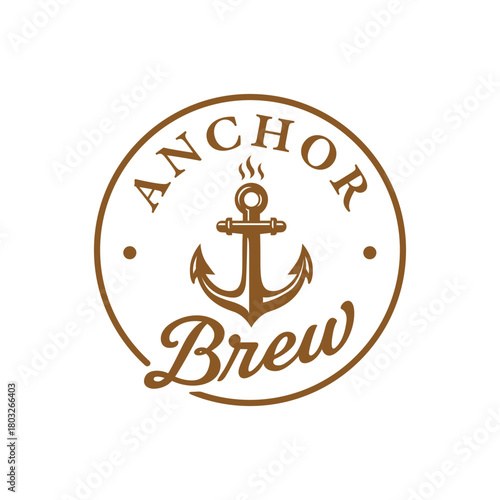 Vintage nautical coffee logo featuring an anchor with rising steam in a circular badge design, styled in warm brown tones. Editable Vector File
