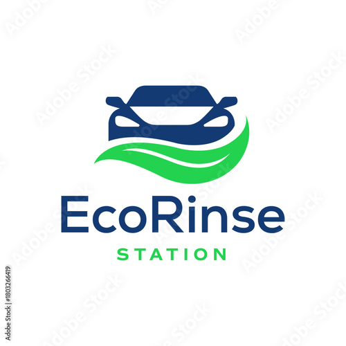 Eco-friendly car wash logo with clean vehicle silhouette and flowing green water waves in a modern minimal style. Editable Vector File
