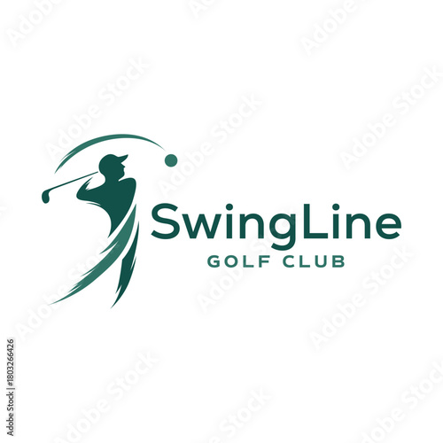 Dynamic golf logo featuring a stylized athlete in motion with a clean swinging arc and minimal green silhouette design. Editable Vector File
