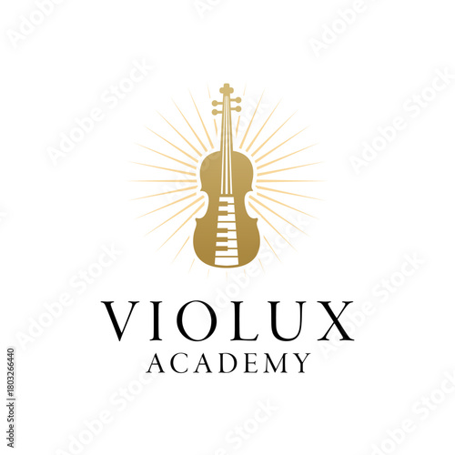 Elegant violin and piano fusion logo with radiant golden rays, symbolizing harmony, music education, and artistic excellence. Editable Vector File
