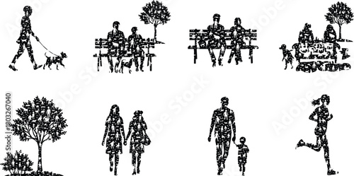 Black and white silhouette collage of people and animals in park scenes and solitary figures