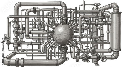 An intricate vintage engraving depicts a complex industrial piping system with numerous valves and a central spherical reservoir, illustrating sophisticated engineering.