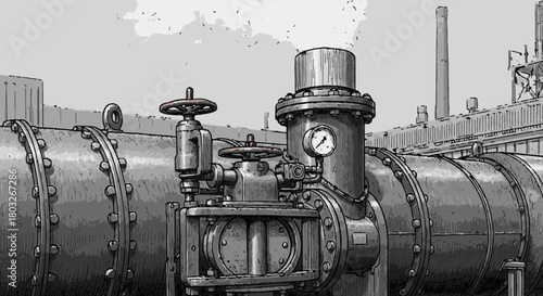 A detailed vintage illustration showcases a complex industrial pipeline system with intricate valves and pressure gauges, set against a factory backdrop emitting steam.