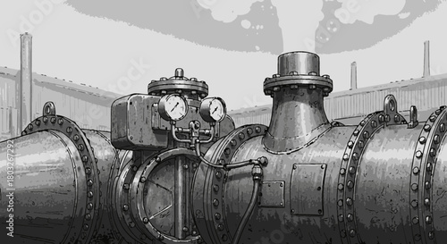 This detailed grayscale illustration captures a robust industrial pipeline system, complete with intricate valves and pressure gauges, set within a factory environment.