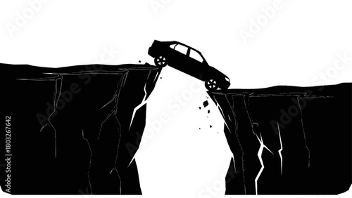 Vector illustration of car teetering on the edge of a cliff, about to fall into a chasm isolated on transparent background