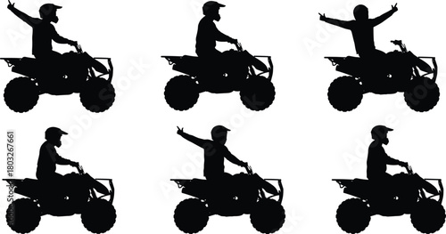 Black silhouette of a person riding an A T V with different hand gestures all terrain vehicle