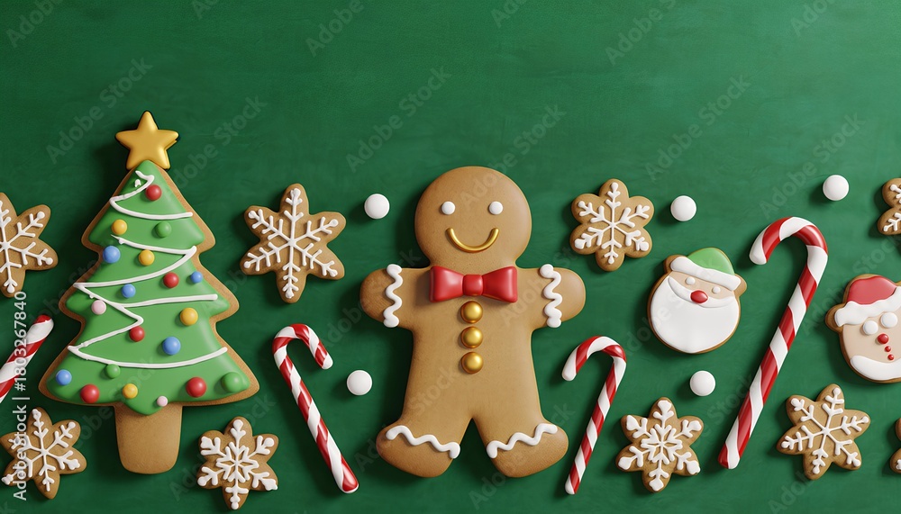 Fototapeta premium christmas gingerbread cookies on green background with copy space