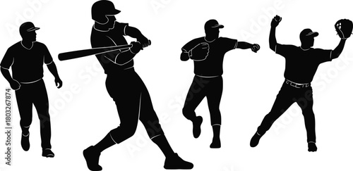 Black silhouette of four baseball players in action on white background sport