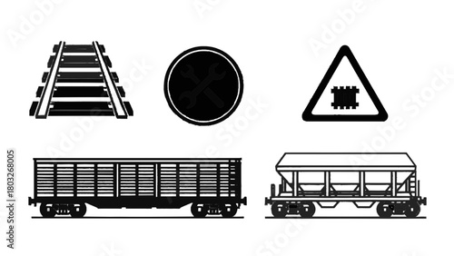 Vector illustration of collection of railway elements including tracks, wagons, and warning sign on transparent background