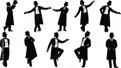Black silhouettes of men in formal wear and top hats in various poses tuxedo