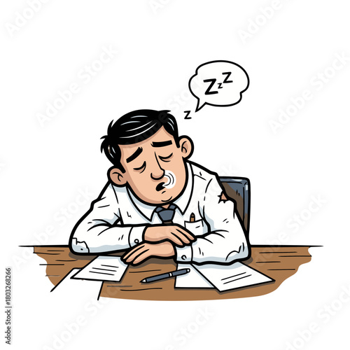 Tired businessman sleeping at his desk with zzz bubble above his head