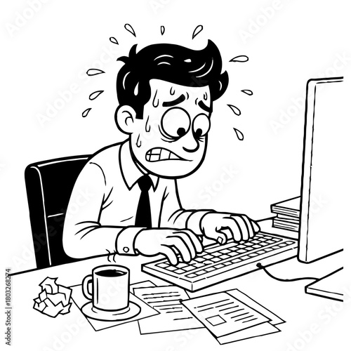 Stressed businessman sweating profusely while typing frantically on computer keyboard, overwhelmed by work
