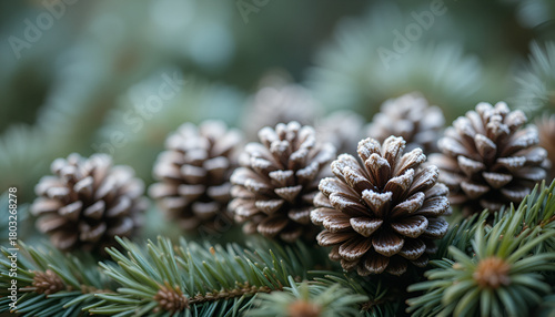 Pinecones with frost on a blue spruce branch create a winter holiday season natural background