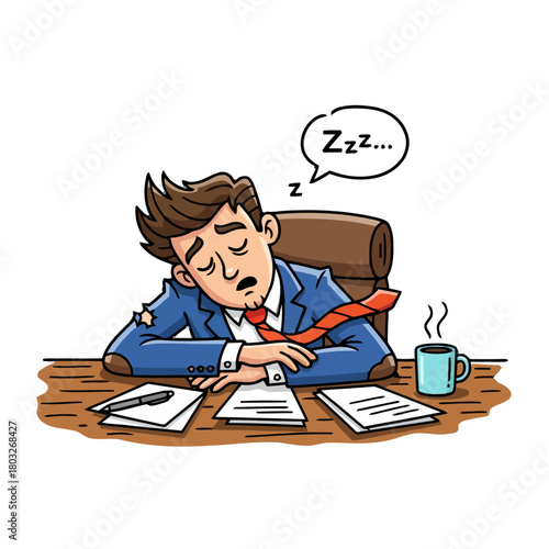 Tired businessman sleeping at his desk with papers and cup coffee