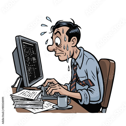 Stressed man sweating profusely while working intensely on computer with stacks paper and coffee cup