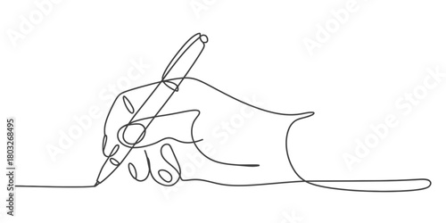 Continuous line art illustration of a hand holding a pen, writing. minimalist drawing symbolizing creativity, ideas, education, and art.