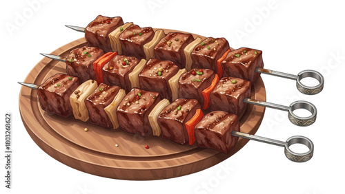 Vector illustration of three skewers of grilled meat and vegetables on a wooden plate on transparent background