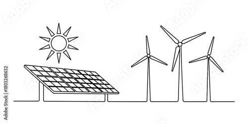 Minimalist continuous line art of sustainable energy: sun, solar panel, and wind turbines, illustrating a future powered by clean, renewable resources.