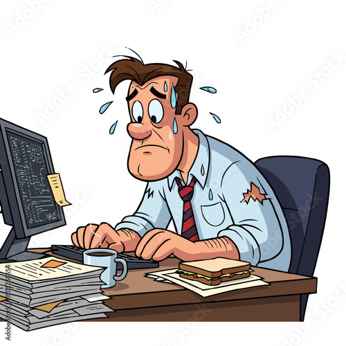 Stressed businessman working late at his desk, overwhelmed by tasks and deadlines, with sandwich and coffee