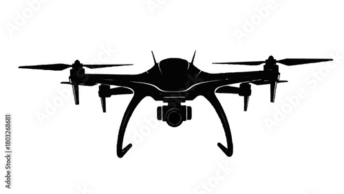 Vector illustration of drone silhouette with propellers and camera, isolated on transparent background 