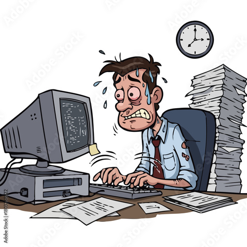 Stressed businessman working late at computer, sweating and looking overwhelmed by paperwork and deadlines